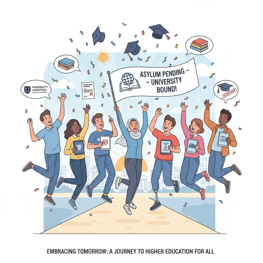 An illustration of a diverse group of students celebrating their acceptance into universities, with an emphasis on the positive future of asylum pending immigrant students Asylum pending immigrant students celebrating university acceptance