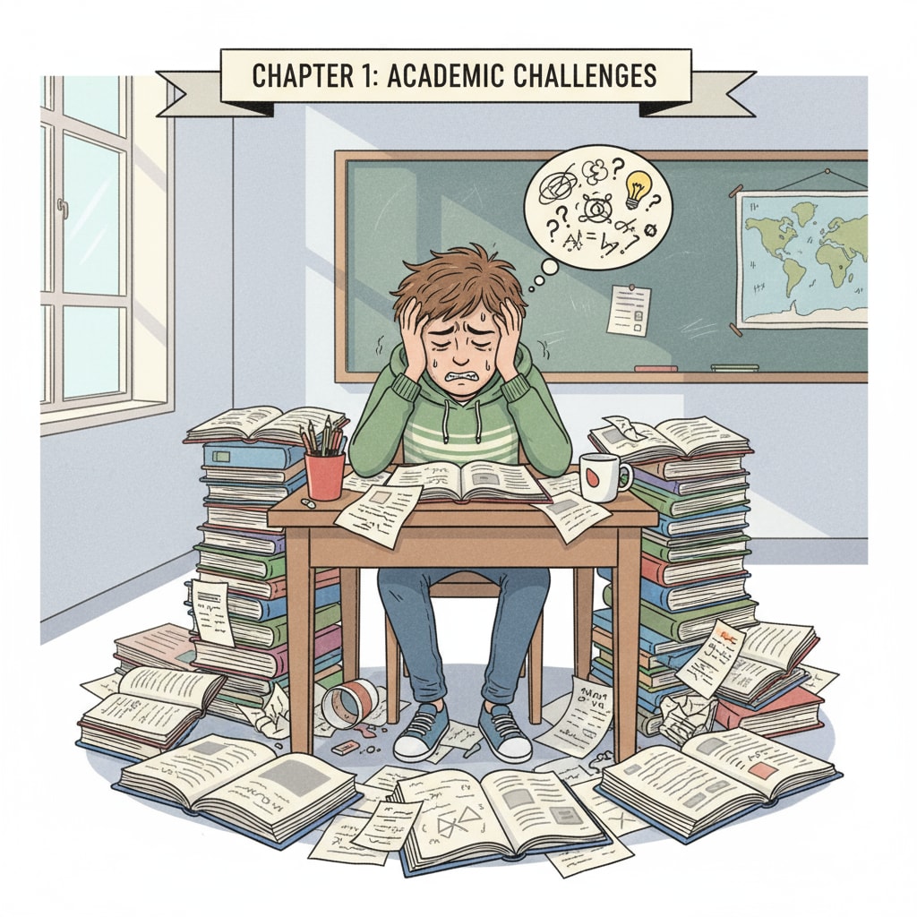 A young Alex sitting at a desk, looking frustrated with books scattered around. This depicts Alex during his period of academic struggles. A frustrated Alex during academic interruptions showing his intellectual potential was being wasted.