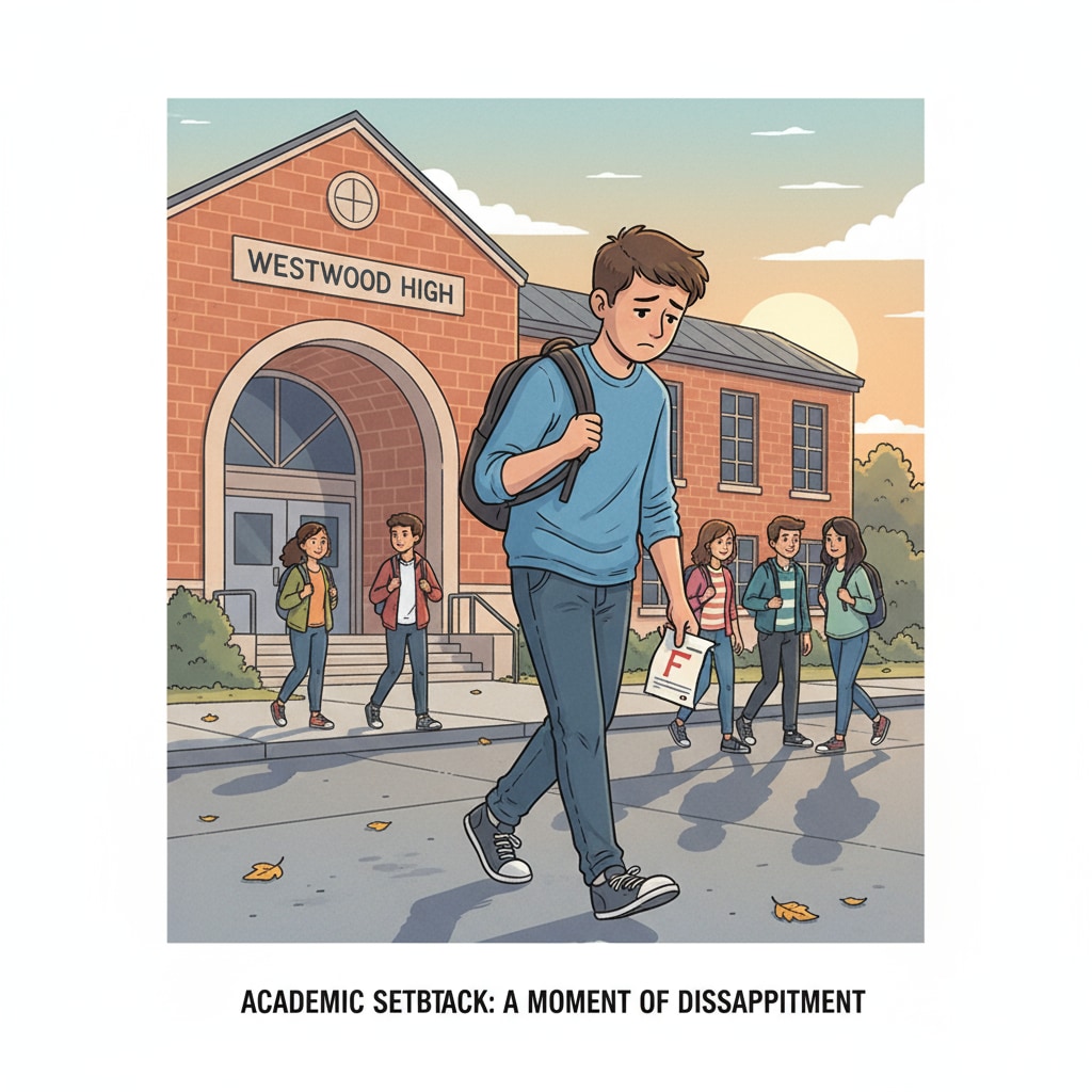 Alex walking out of school with a dejected look on his face. This image represents the moment of his academic setback. Alex leaving school dejected due to academic interruptions and loss of educational opportunities.
