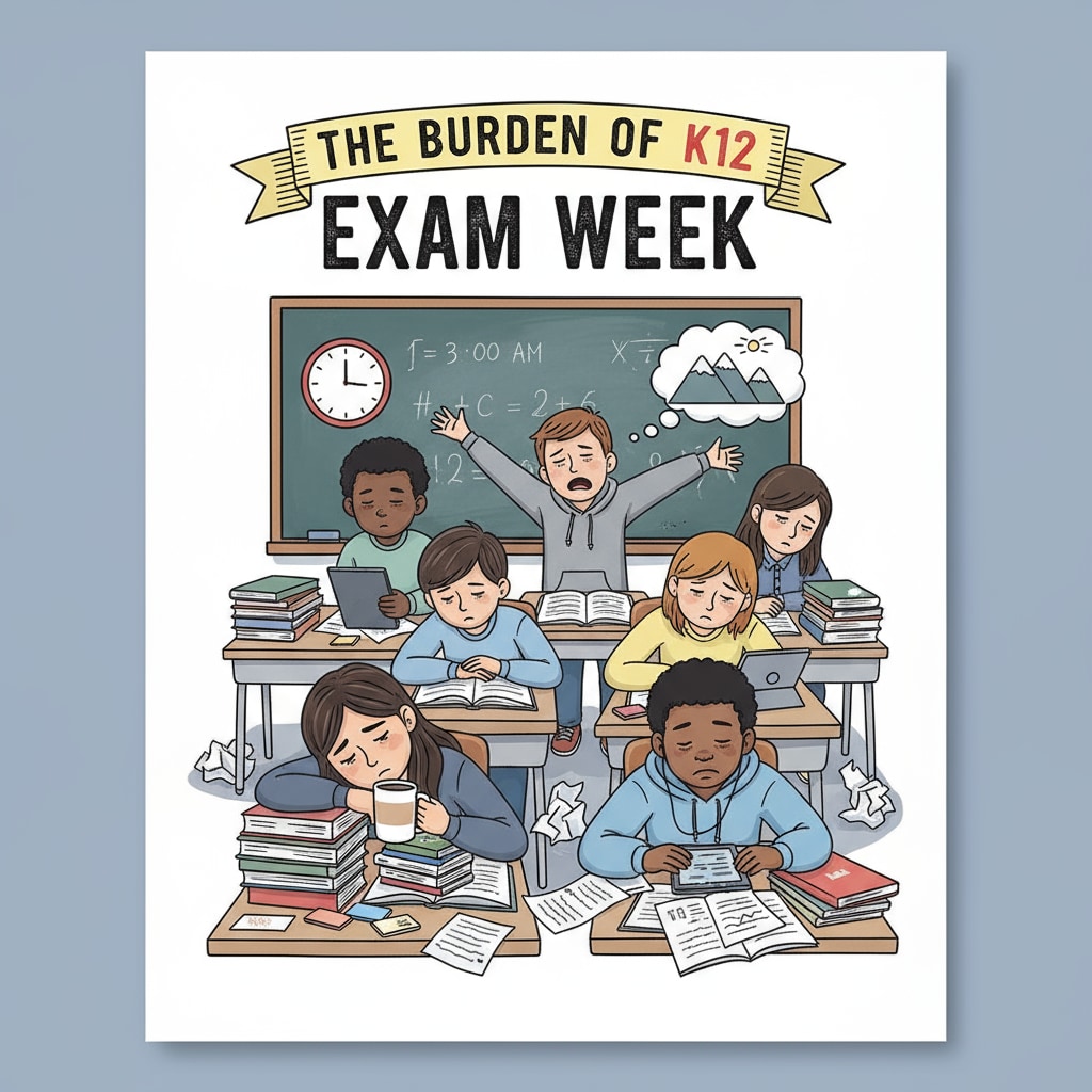A group of K12 students looking tired in the classroom, indicating the impact of lack of sleep due to school pressure. Tired K12 students in classroom affected by sleep, mental health, and school pressure