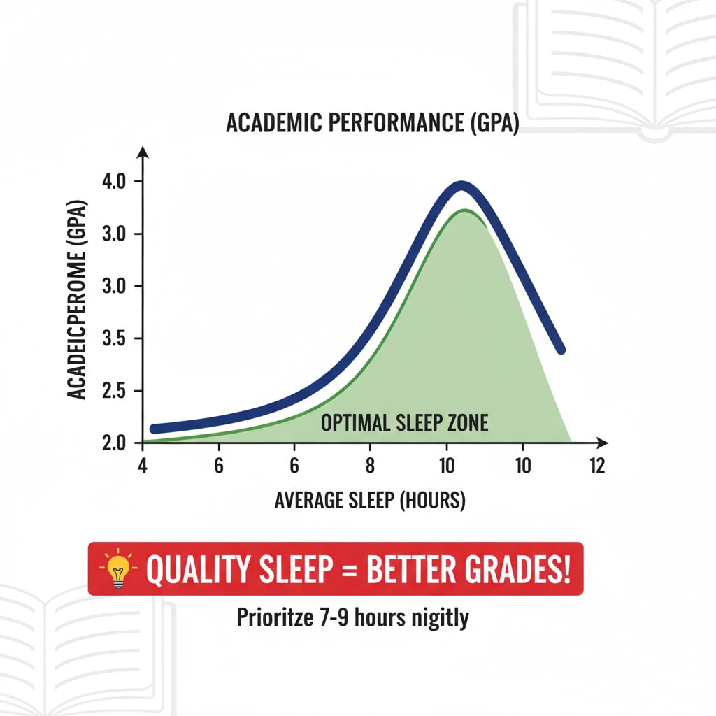 A graph showing the relationship between sleep hours and academic performance, highlighting the importance of sleep for students. Graph showing impact of sleep on academic performance related to sleep, mental health, and school pressure
