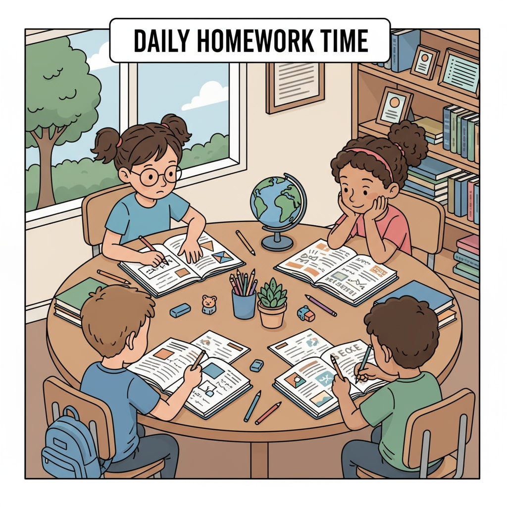 A group of students are sitting around a table. Some are poring over textbooks and writing down answers, which is a common sight during daily homework time. This picture vividly shows the process of students doing their homework. A scene of students doing homework, representing the pro side of the homework debate for students.