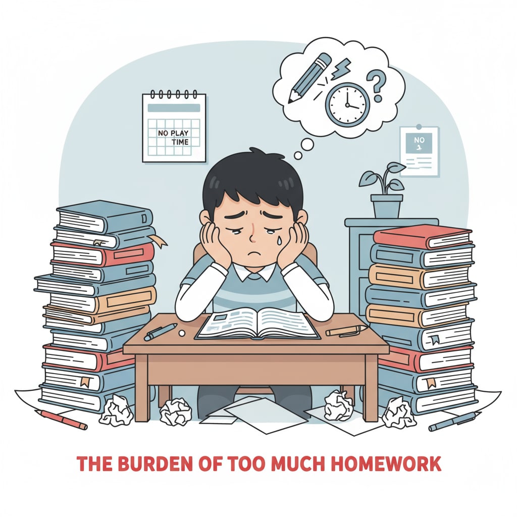 A young student is sitting in front of a large stack of homework books, looking exhausted and frustrated. This image reflects the negative impact of excessive homework on students. A frustrated student due to excessive homework, showing the con side of the homework debate for students.
