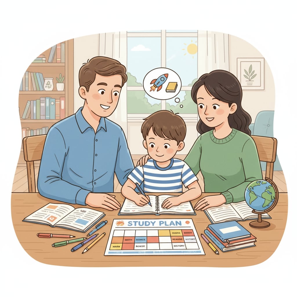 A family is sitting around a table, discussing and planning the child's study schedule. The parents are looking at the child with encouragement, and the child is taking notes seriously. A family discussing a child's study plan related to child tax credit, academic performance, and parental responsibility