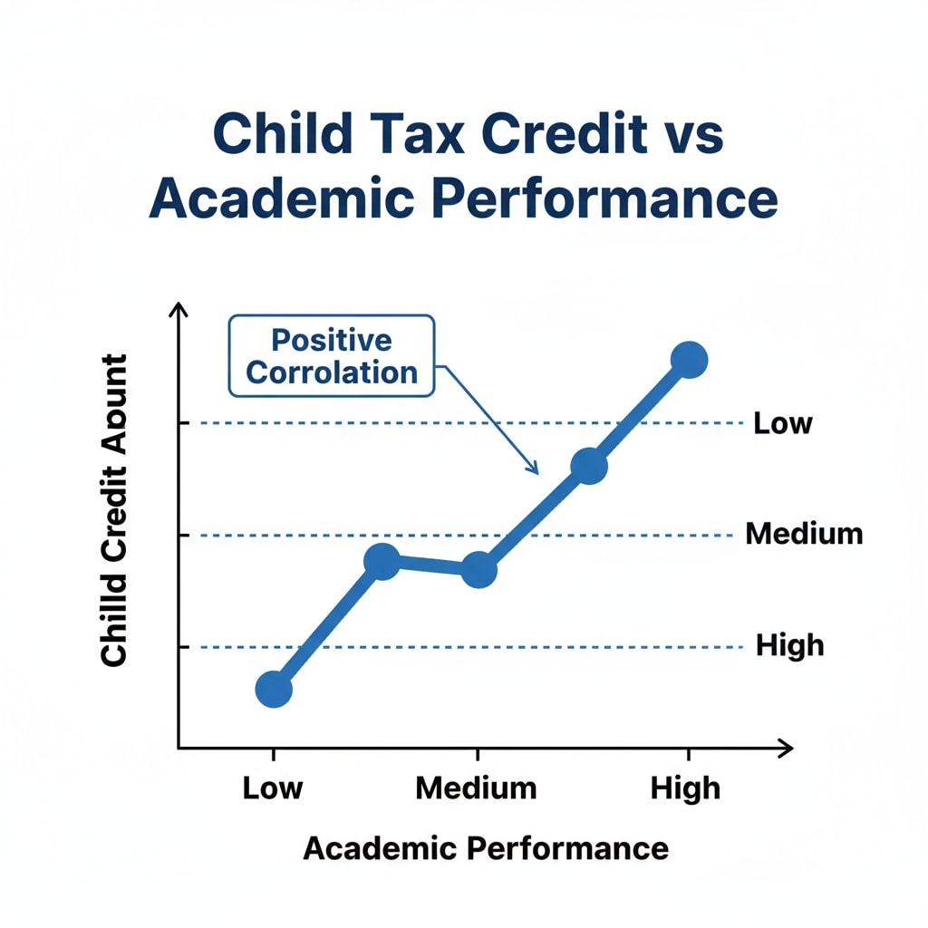 A graph with two axes. The x-axis represents different levels of academic performance, such as low, medium, and high. The y-axis represents the amount of child tax credit. The graph shows a positive correlation between academic performance and child tax credit. A graph showing the potential relationship between child tax credit and academic performance in line with parental responsibility