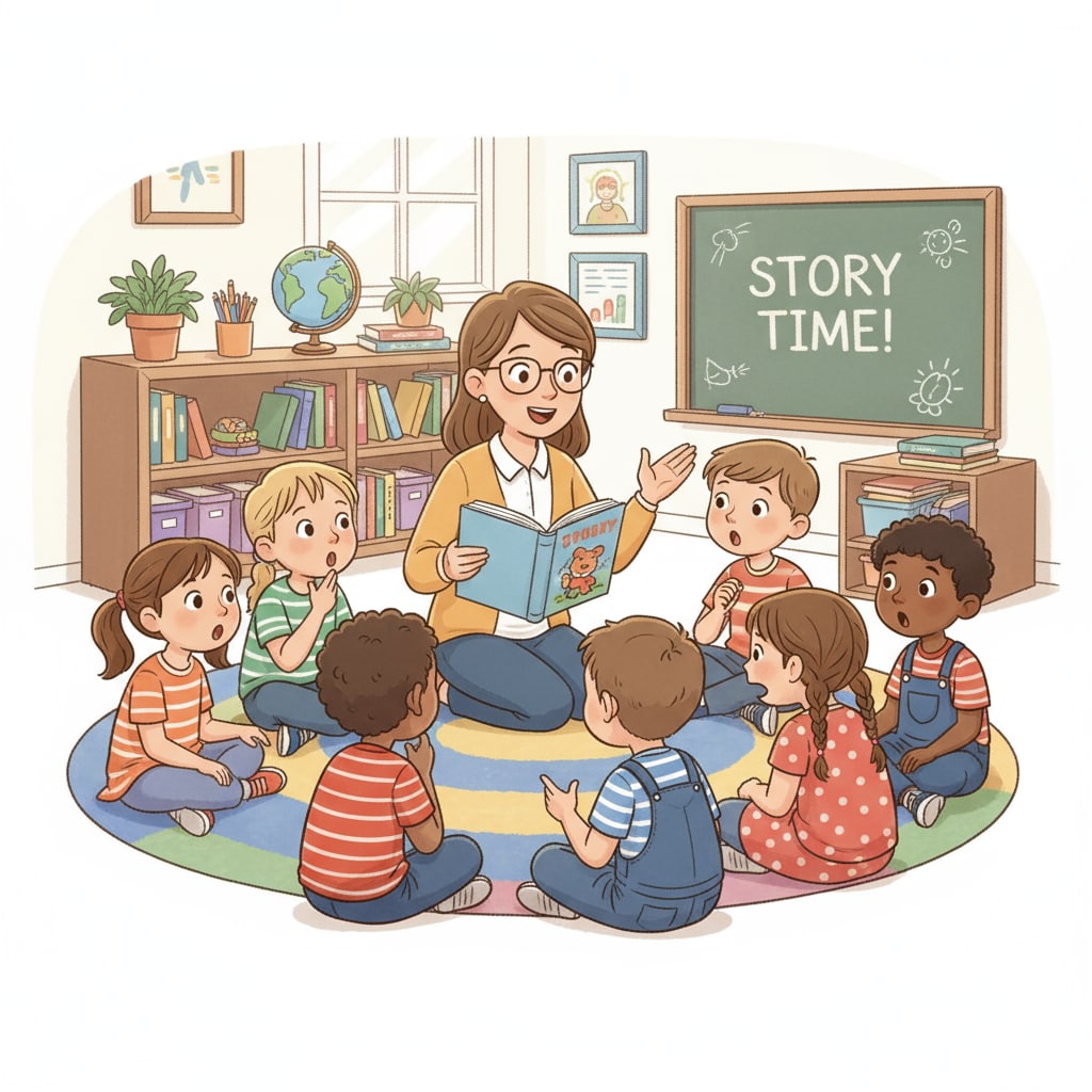 A group of students sitting around a teacher, listening intently as the teacher tells a story. The students have curious expressions on their faces, showing their engagement. Students listening to a teacher tell a story, highlighting the role of storytelling in education for identity development and educational methods