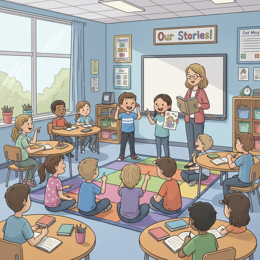 A classroom with students actively participating in a storytelling activity. Some students are standing up, sharing their stories, while others are listening attentively. Students actively involved in a storytelling activity in the classroom, demonstrating the use of storytelling as an educational method for identity exploration