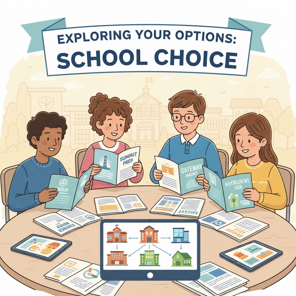 A group of students looking at different educational brochures, which is a visual representation of the concept of school choice where students have the option to explore various educational institutions. Students exploring school choice options related to education vouchers and education marketization