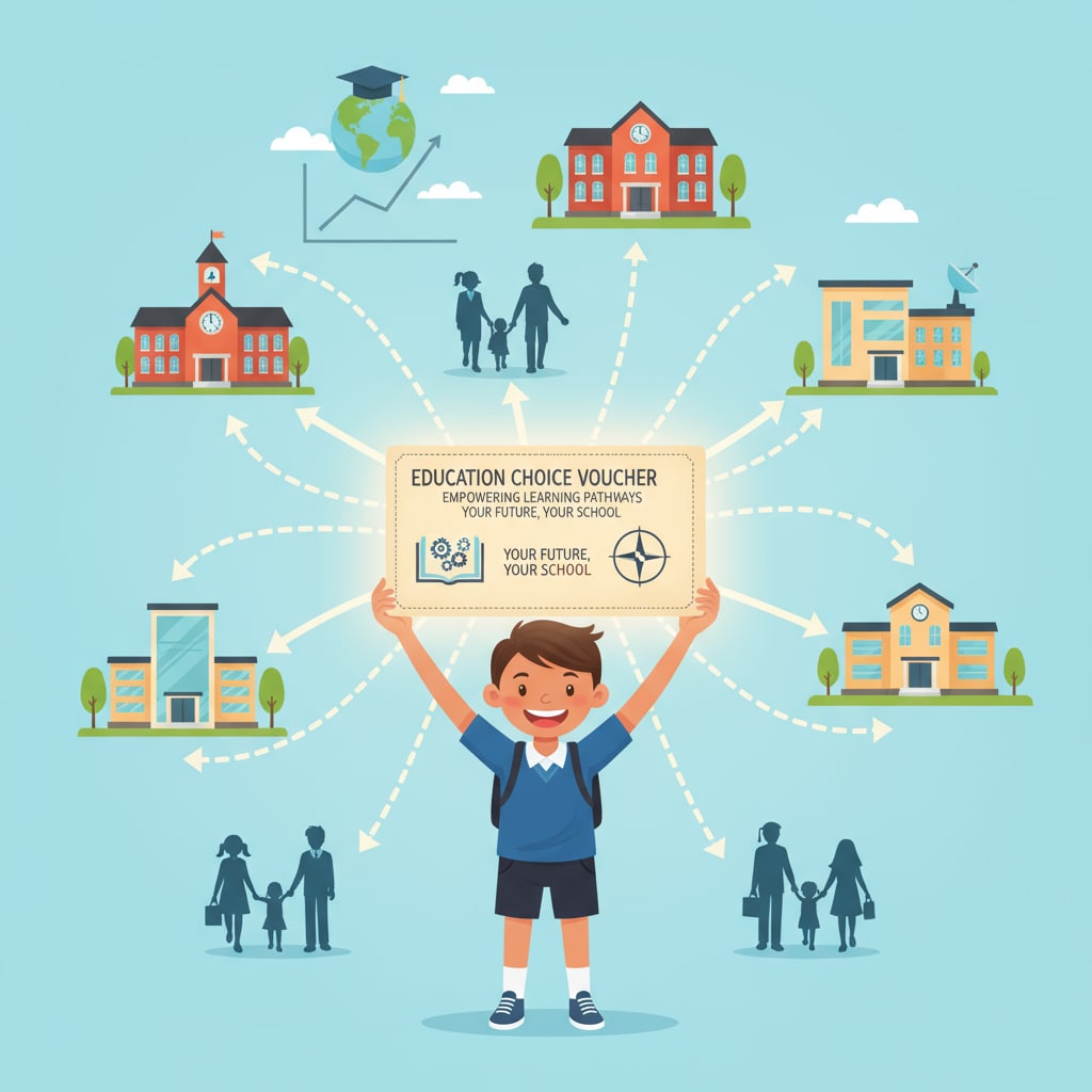 A child holding an education voucher, symbolizing the power that the voucher gives to students and families in the context of education marketization and school choice. A child with an education voucher representing the power of choice in education marketization
