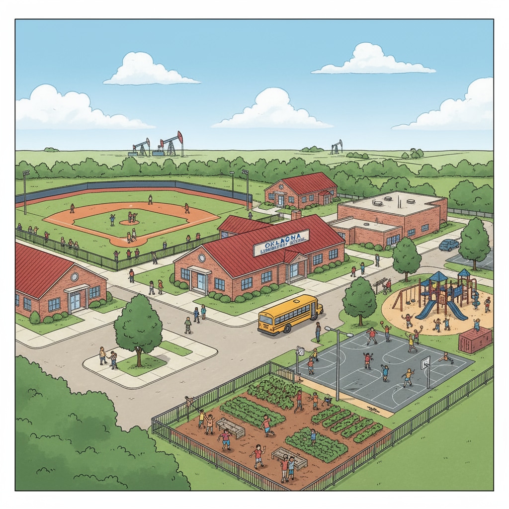 An aerial view of an Oklahoma school campus with students playing in the playground, showing a lively educational environment. Aerial view of an Oklahoma school campus related to Oklahoma education, Arkansas education, and education evaluation