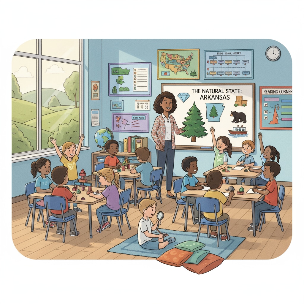 A classroom in an Arkansas elementary school with students actively participating in a lesson, demonstrating the teaching atmosphere in Arkansas education. Classroom scene in an Arkansas elementary school relevant to Oklahoma education, Arkansas education, and education evaluation