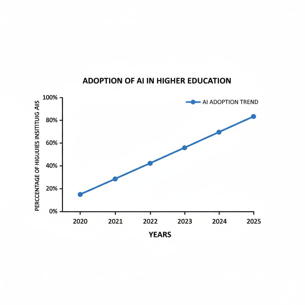 A line graph with years on the x - axis and the percentage of higher education institutions using AI on the y - axis, showing an upward trend. Graph depicting the increasing use of AI in higher education institutions over the years relevant to artificial intelligence, higher education, and job displacement