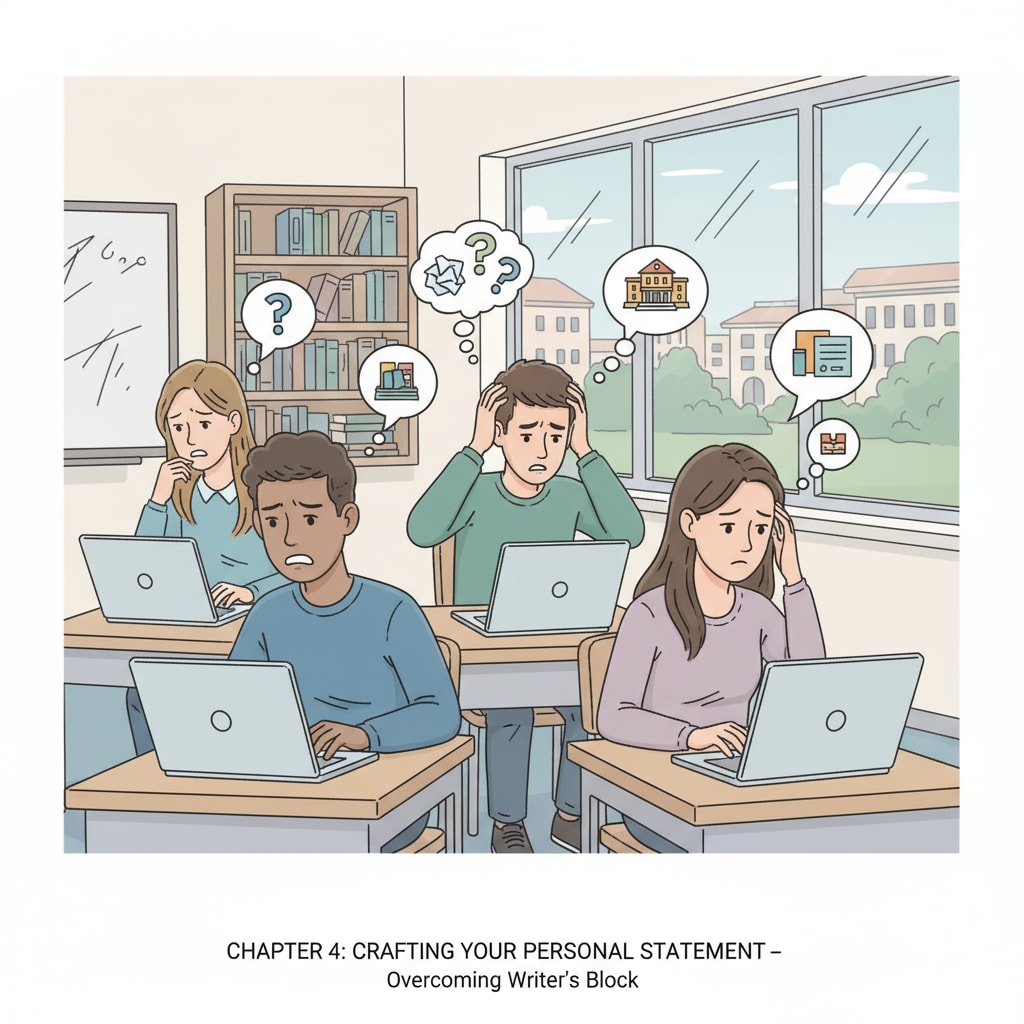 A group of students sitting at desks, looking worried as they type their college application personal statements on laptops. Students worried about their college application personal statements being misjudged by AI detection