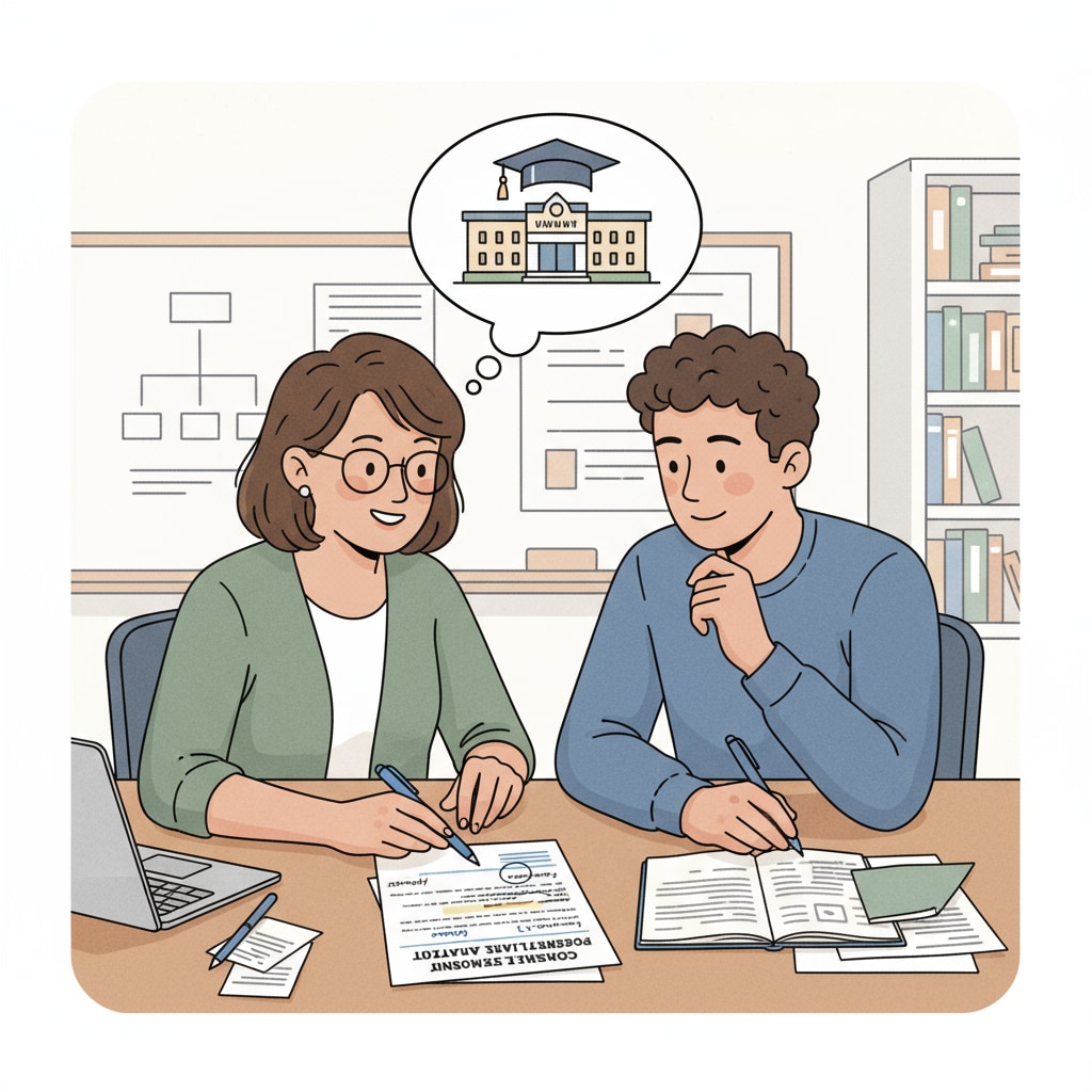 An educator and a student sitting at a table, with the educator pointing at a draft of the student's college application personal statement. Educator assisting student with college application personal statement in the face of AI detection concerns