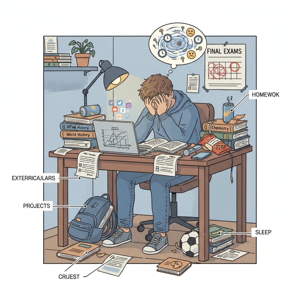 A stressed high school student with mental health issues at a desk