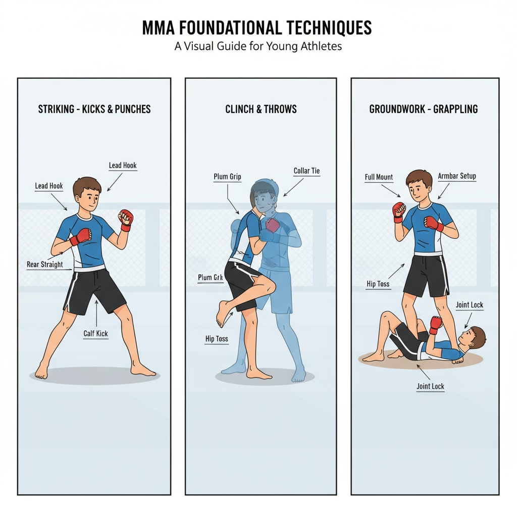 A young MMA fighter is seen practicing different techniques such as kicks, punches, and grappling moves in a training area. MMA fighter practicing as part of an extracurricular activity relevant to college applications