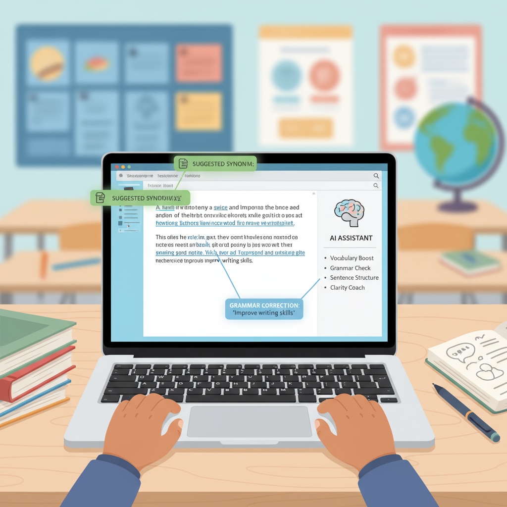 An illustration depicting a student using an AI writing assistance tool on a laptop, with grammar and vocabulary suggestions highlighted on the screen. This represents how AI tools help improve writing skills in K12 education. AI writing assistance tool in K12 learning
