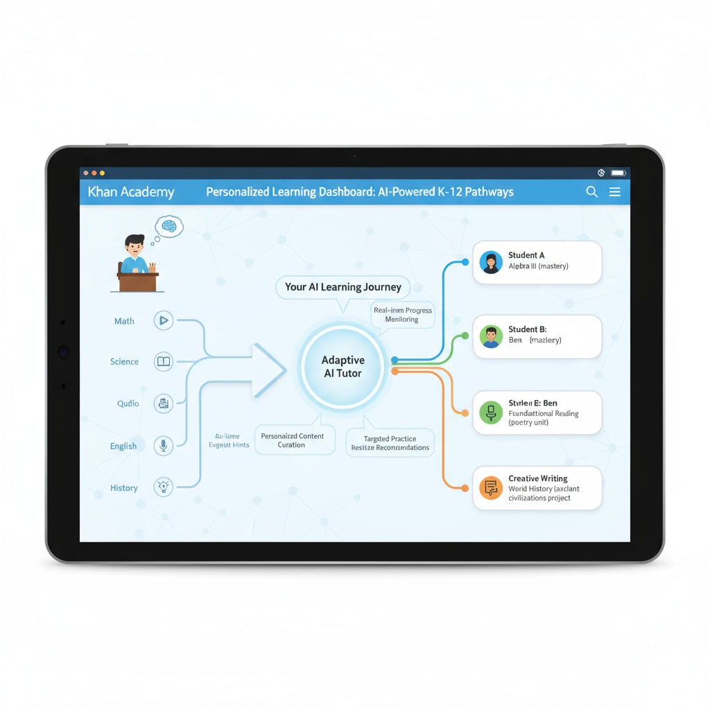 A screenshot of the Khan Academy interface, showing personalized learning paths for students. This showcases how AI - driven multimedia learning tools adapt to individual students' needs in K12 education. Multimedia learning tool in K12 education