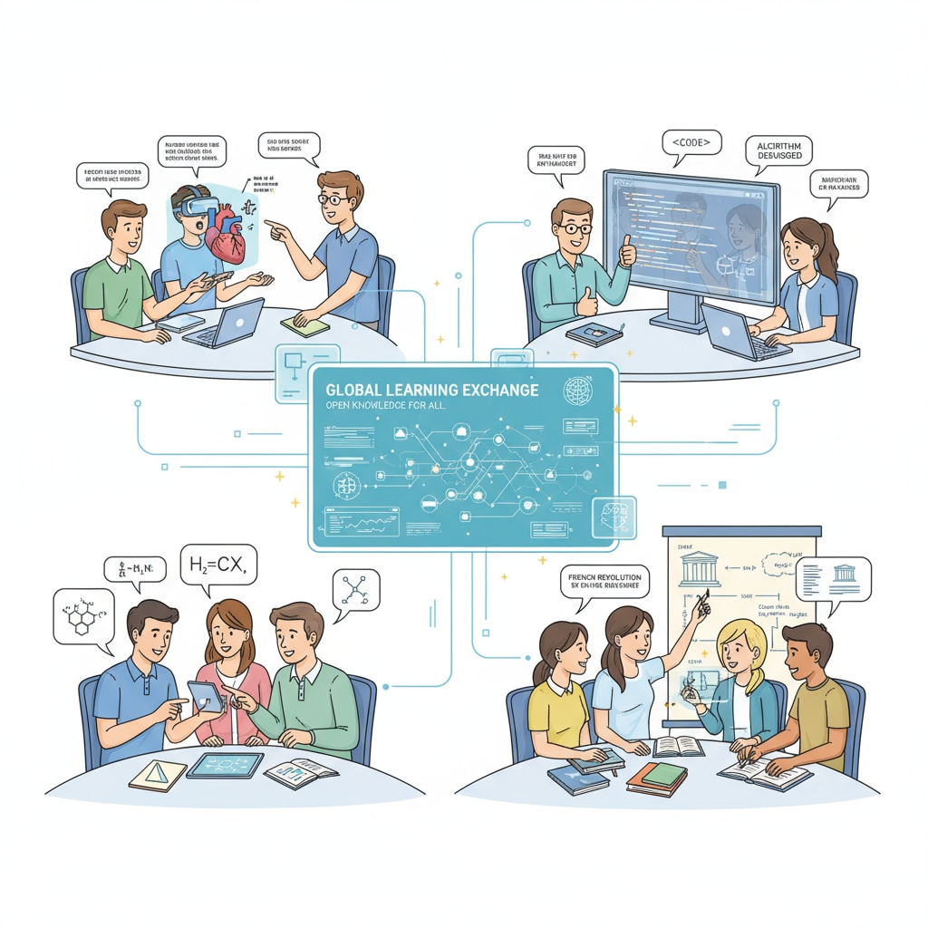 Multiple students are collaborating on an uncensored learning platform. Different study groups are visible, with students sharing ideas, discussing assignments, and engaging in educational activities. Students collaborating on an uncensored learning and social media platform