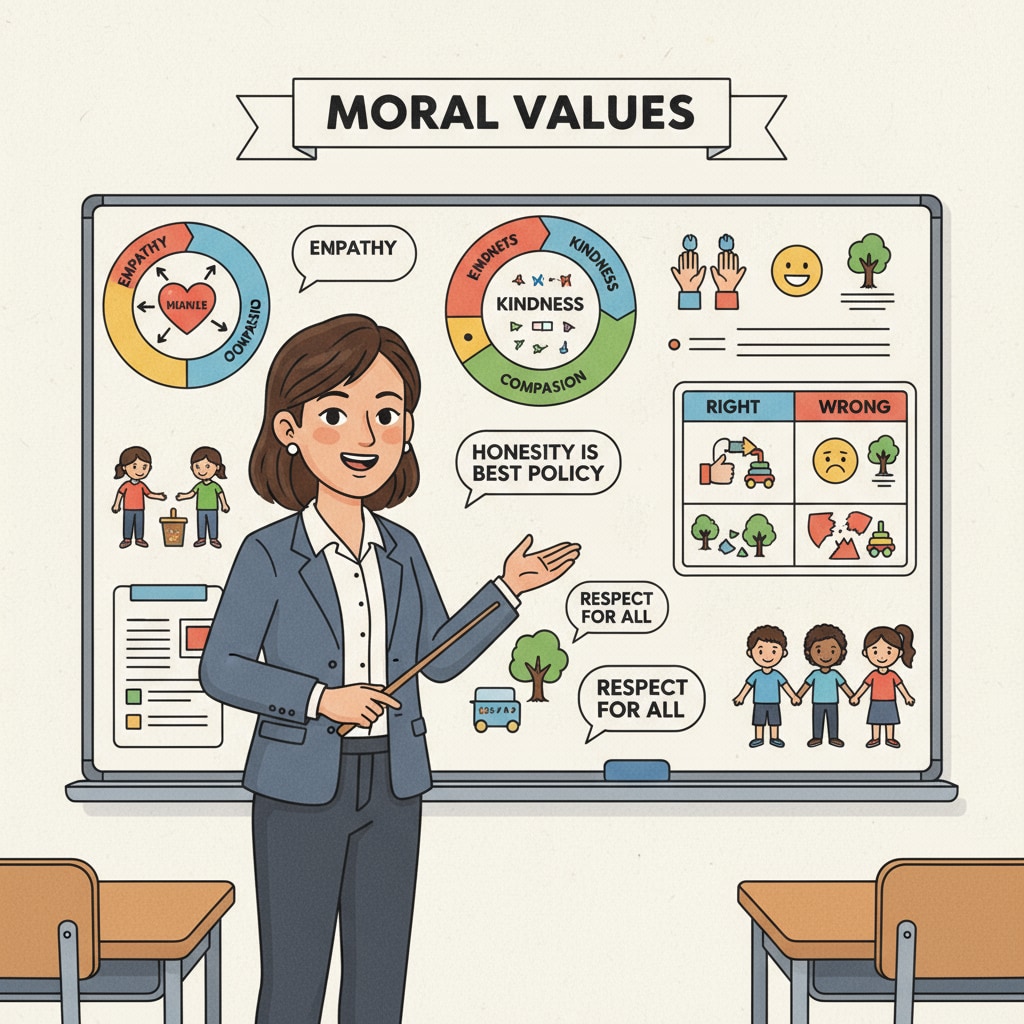 A teacher teaching moral values using visual aids as part of moral and ethical education in schools