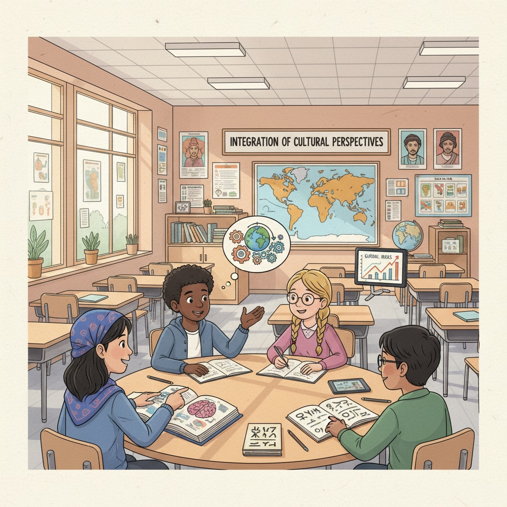 A classroom scene with students from different cultural backgrounds discussing ideas, representing the integration of different cultural thinking in education. Classroom scene showing cultural and language thinking in education related to