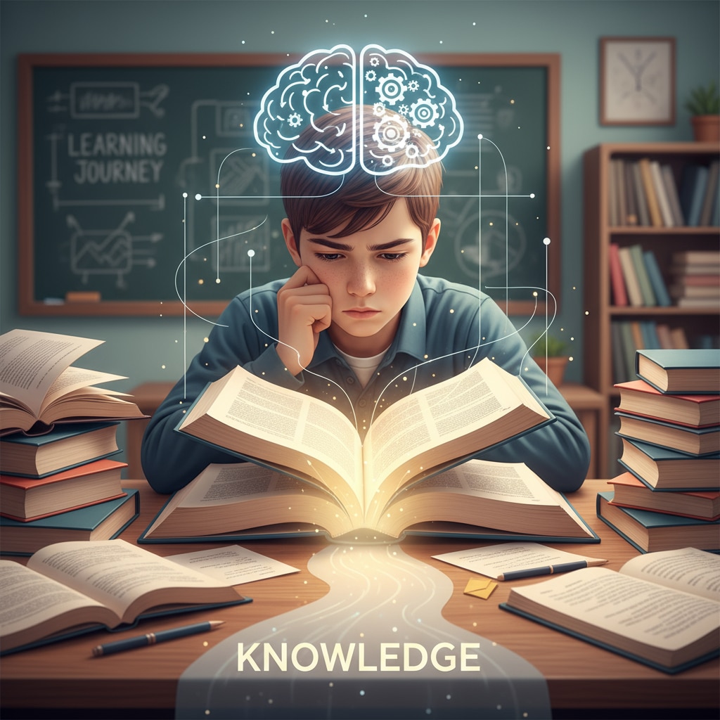 A student studying a book with a thinking expression, symbolizing the process of understanding knowledge. Student studying and thinking about knowledge in relation to