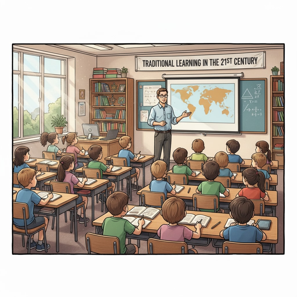 A classroom scene where students are listening intently, representing the current state of traditional education A classroom scene showing students in a traditional educational setting related to student preparation and school responsibilities