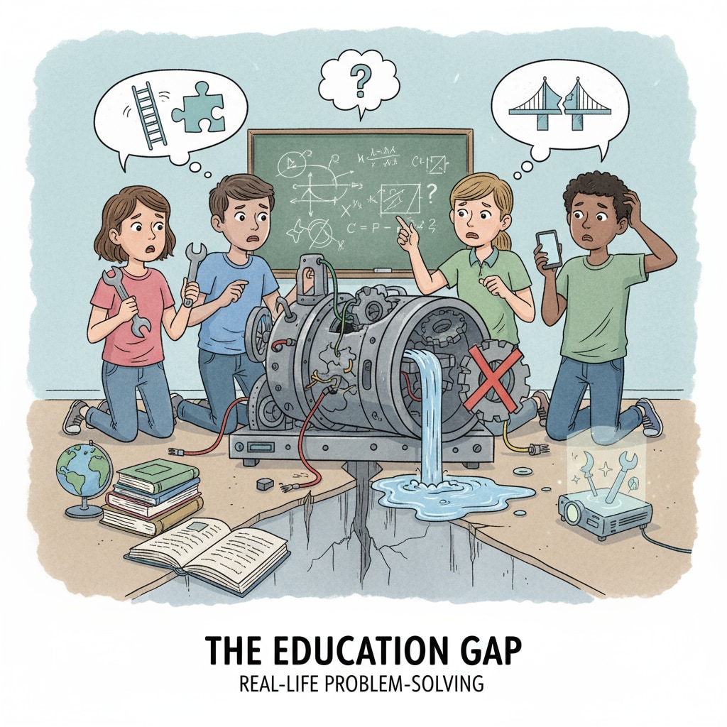 A group of students looking confused while trying to figure out a real-life problem, highlighting the gap in education Students confused while dealing with a real-life problem, emphasizing the lack of preparation in current school education