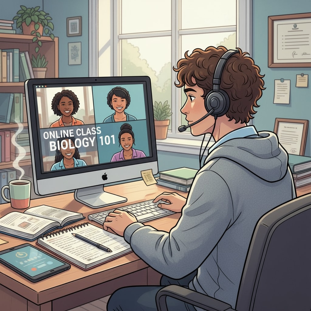 A student is sitting in front of a computer, intently looking at the screen while attending an online class. There are notes and books beside the computer. A student engaged in an online K12 class, facing self-discipline challenges and social isolation in the digital learning environment.