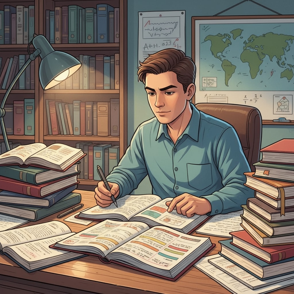 A student is sitting at a desk, surrounded by books and a planner. The student is focused on studying, with a determined expression on their face. A student demonstrating self-discipline while studying in an online K12 education setting, overcoming social isolation.