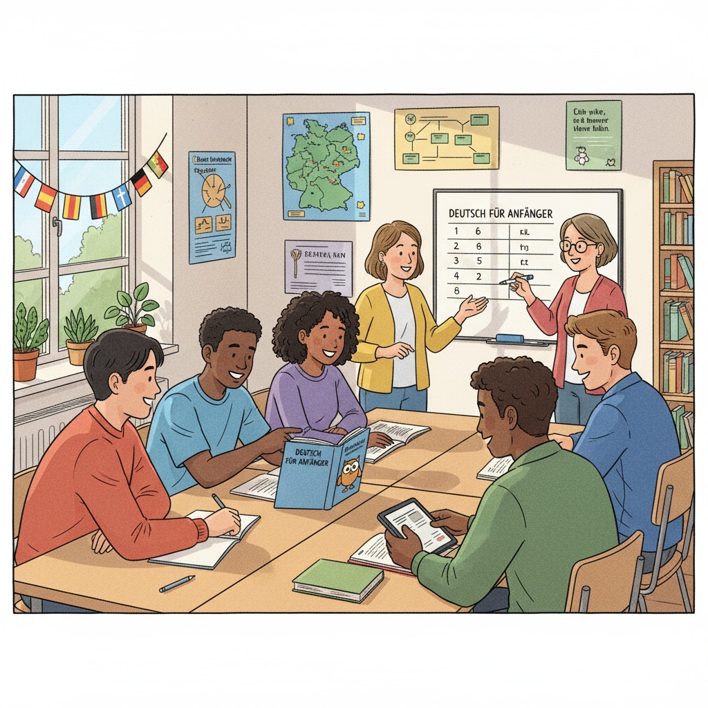 A group of international students in a German classroom, interacting and learning together International students in a German classroom, facing language barriers and gaining study experiences