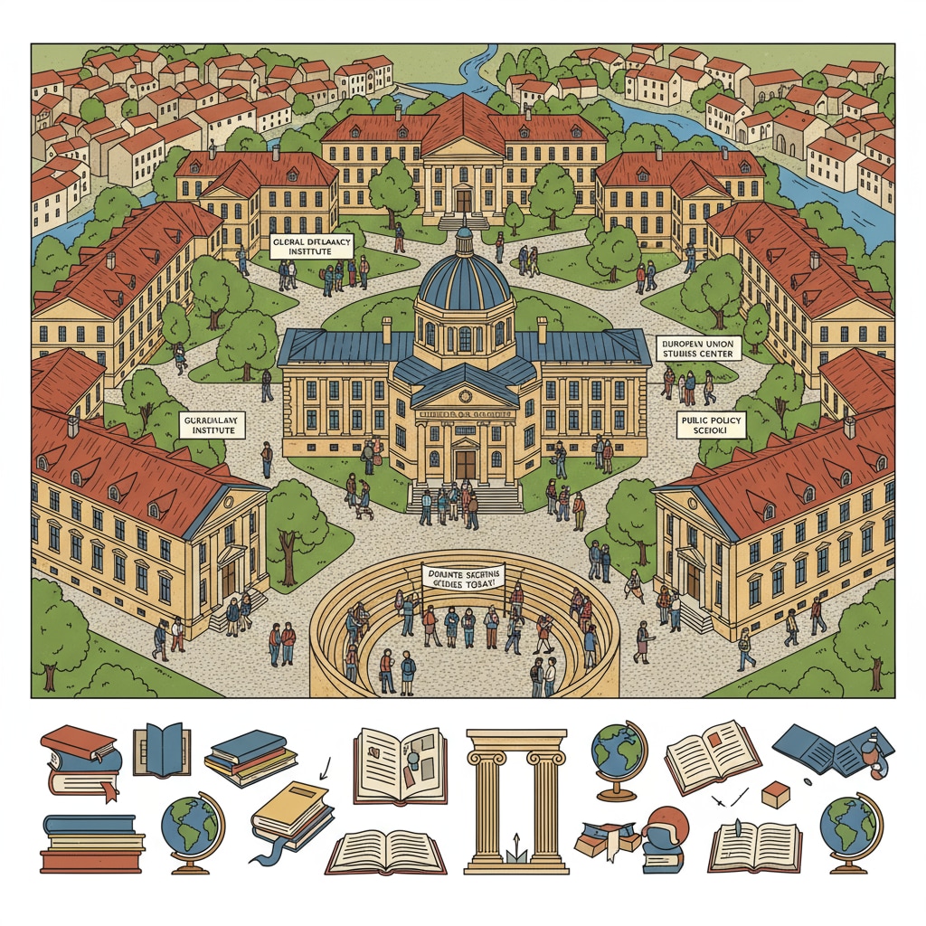 An aerial view of a large European university campus with students walking around, showing the vibrant academic atmosphere for political science students. Aerial view of a European university campus relevant to political science in European universities