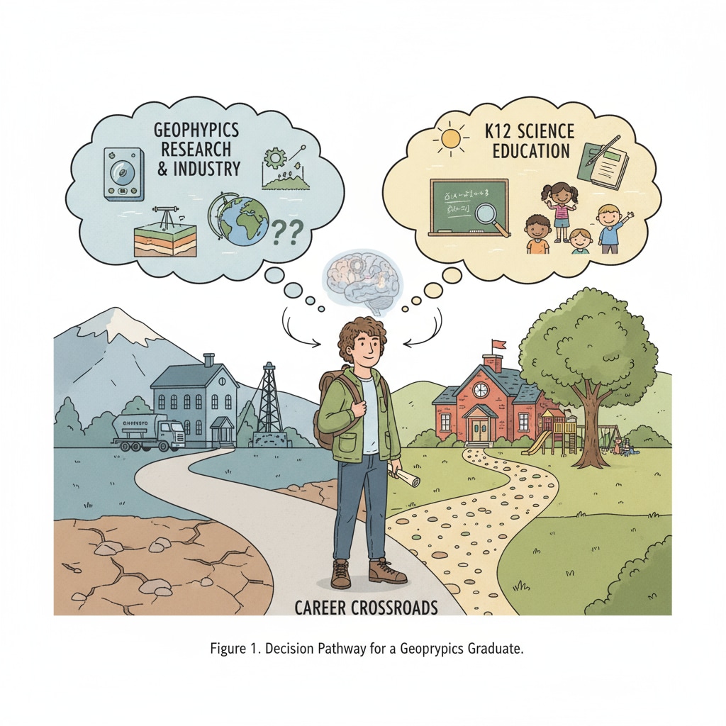An illustration depicting a geophysics graduate standing at a crossroads, with one path leading to a traditional geophysics job and the other to a K12 classroom, showing the thought process of considering a career shift. Geophysics graduate considering career shift to K12 education