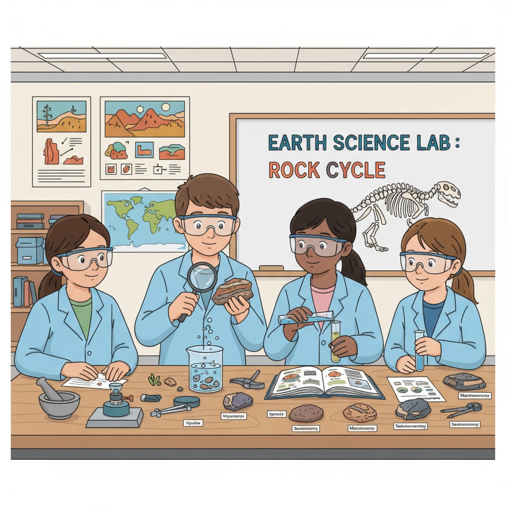 A photo of students in a K12 classroom actively participating in an earth science experiment, with beakers, rocks, and other scientific equipment on their desks. Students in K12 classroom engaged in earth science experiment