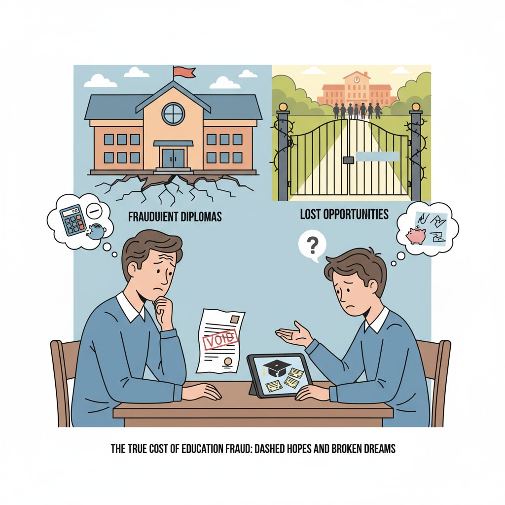 A picture showing a worried parent and a child having a serious conversation about education options, depicting the impact of education fraud on them. Worried parent and child due to Schiller International University education fraud