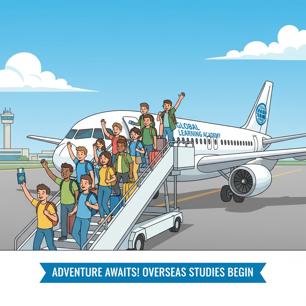 A group of students are boarding a plane with excited expressions, ready to start their overseas journey. Students boarding a plane for overseas travel organized by a travel agency