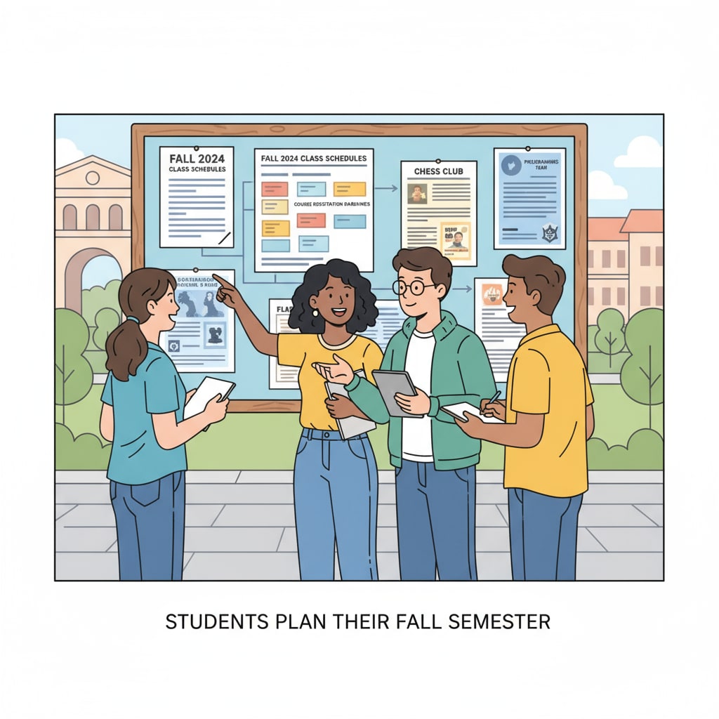 A group of students are gathered in front of a campus notice board, looking at class schedules and discussing their options. Students discussing university course time arrangement and choosing between morning and afternoon classes.