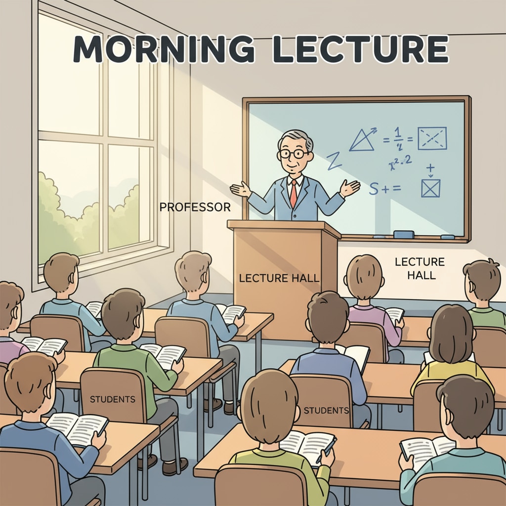 Students are sitting in a classroom, listening intently to a professor during a morning lecture. Students attending a morning class as part of their university course time arrangement.