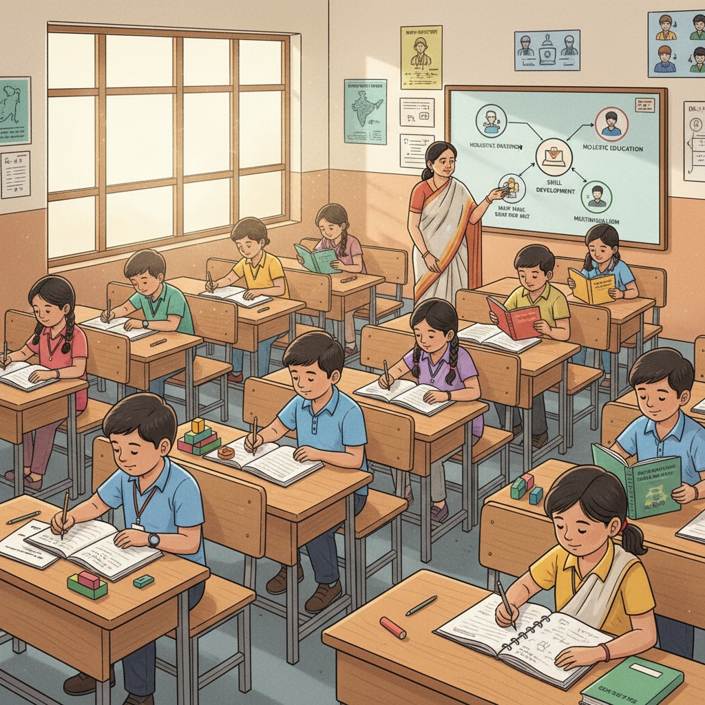 This image depicts students in an Indian classroom, with textbooks and notebooks, creating an educational atmosphere relevant to the NEP implementation. Students in an Indian classroom under the New Education Policy implementation