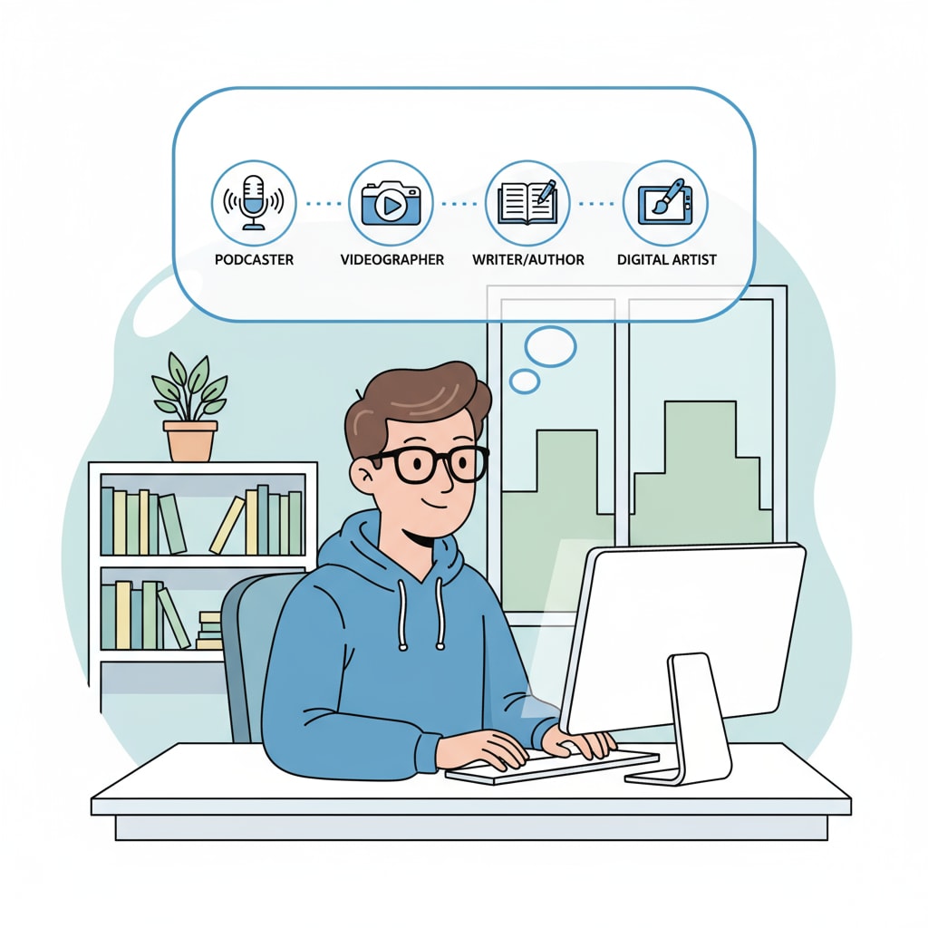 A young content creator sitting in front of a computer, typing away, with a thought bubble above their head showing different career paths A young content creator considering different career options including physiotherapy and content creation