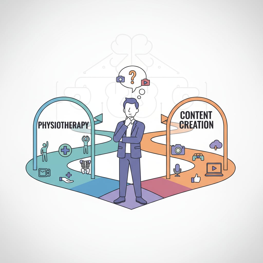 A person looking at two different career paths, one labeled physiotherapy and the other content creation A person making a decision between a physiotherapy and a content creation career path