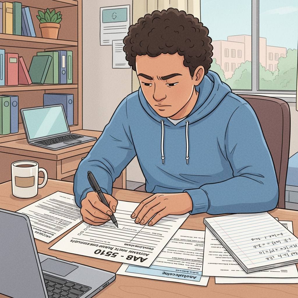 A student is sitting at a desk, concentrating on filling out the AB - 540 form, with a pen in hand and papers spread out. A student filling out the AB-540 form to apply for resident tuition status