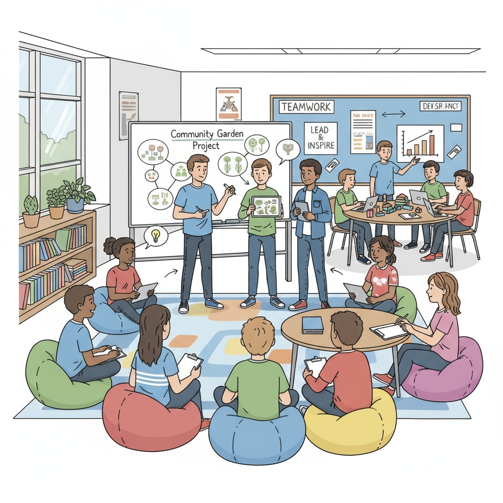 A group of students in a K12 classroom engaged in a leadership activity. They are divided into small groups, discussing and planning a project. Some students are presenting their ideas, while others are listening attentively. K12 students engaged in a leadership activity related to General Motors, IQ research, and leadership