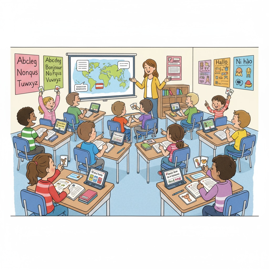 A group of K12 students are actively participating in a language learning class. There are books and interactive teaching materials neatly placed on their desks, showing their enthusiasm for language learning. K12 students engaged in language learning for knowledge exploration and cultural understanding
