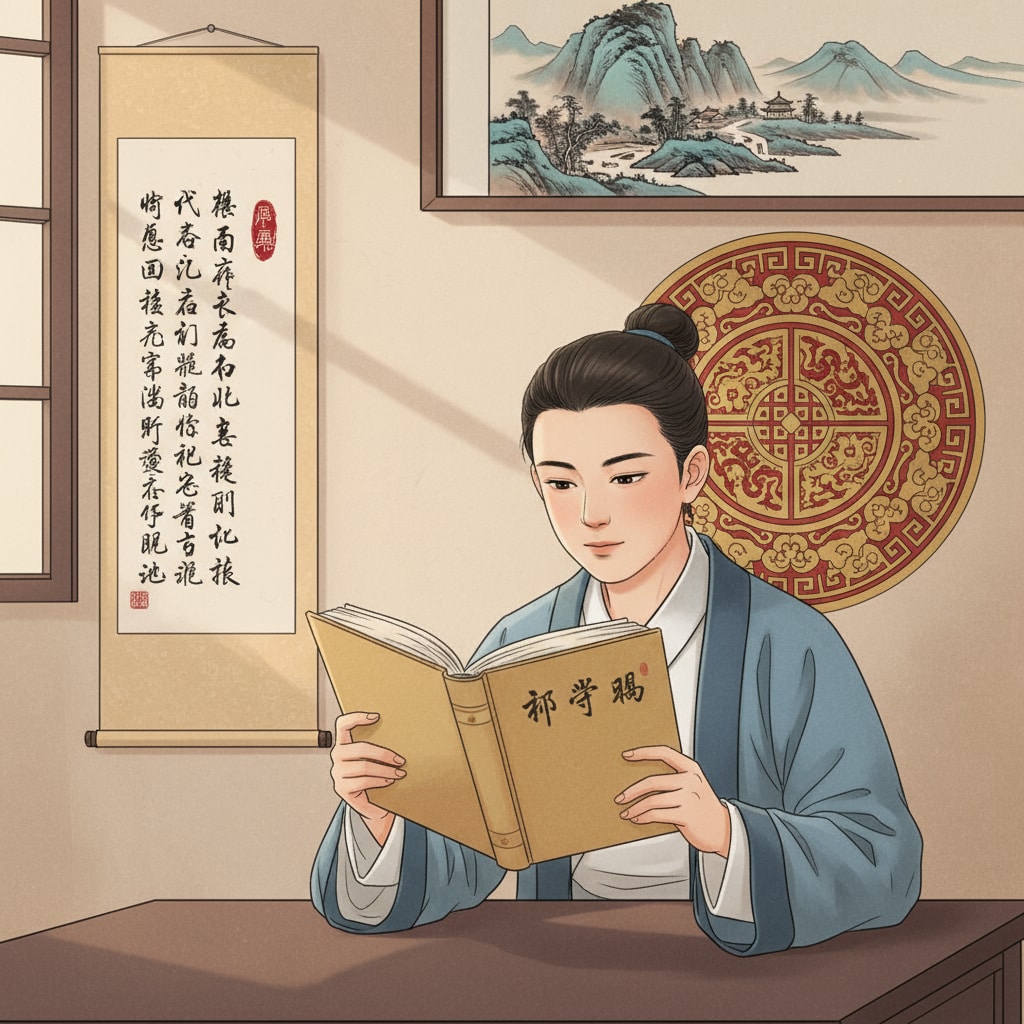 A student is absorbed in reading a classic Chinese book. The background is decorated with traditional Chinese art elements, creating a strong cultural atmosphere. Student exploring Chinese culture through language learning as a cultural window
