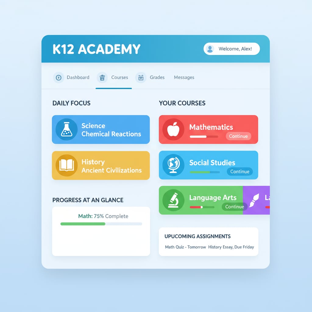 Free K12 learning platform user interface with DM-driven learning modules