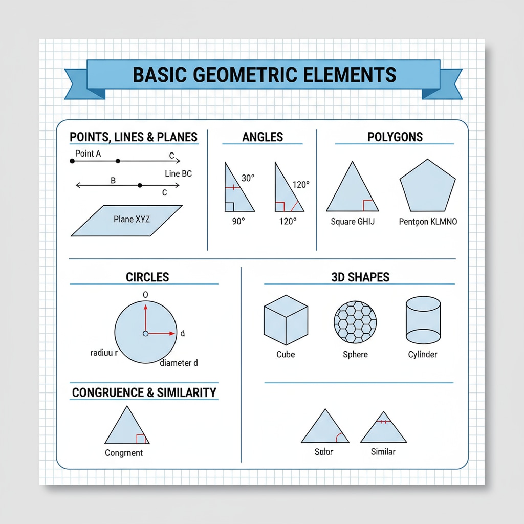 An illustration presenting various geometric shapes commonly taught in American high school geometry, which helps students visualize basic geometric elements. Geometric shapes used in American high school geometry curriculum