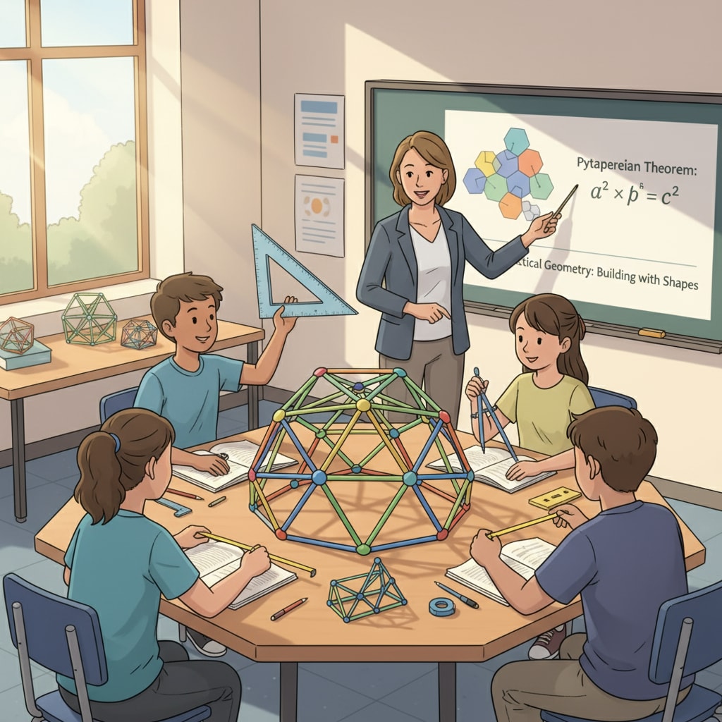 A scene of American high school students actively participating in a hands-on geometry activity, demonstrating the practical teaching approach in geometry education. American high school students engaged in a hands-on geometry activity