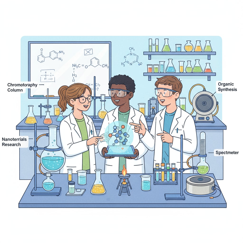 A group of high school students are engaged in a discussion about chemical research topics in a laboratory setting, with various chemical equipment visible around them. High school students discussing chemical research topics to overcome topic selection difficulties in a lab