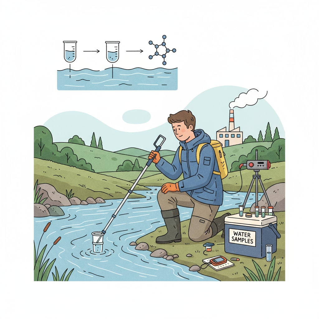 A student is carefully collecting water samples from a riverbank, equipped with sampling tools, for environmental chemistry research purposes. Student collecting water samples for environmental chemistry research to address topic selection difficulties